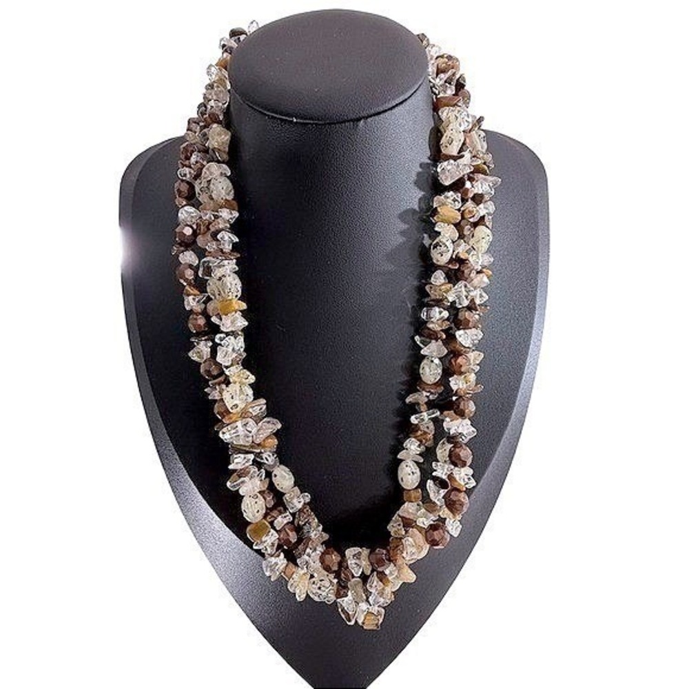 Beaded Three Strand Stone Necklace Lobster Brown‎ Tan Clear 19 to 23 in Jewelry